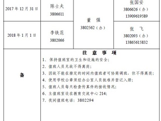 beat365亚洲体育官方网站（相山校区）学校办公室2018年元旦假期值班表