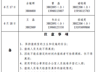 beat365亚洲体育官方网站（相山校区）党政办公室2018年端午假期值班表